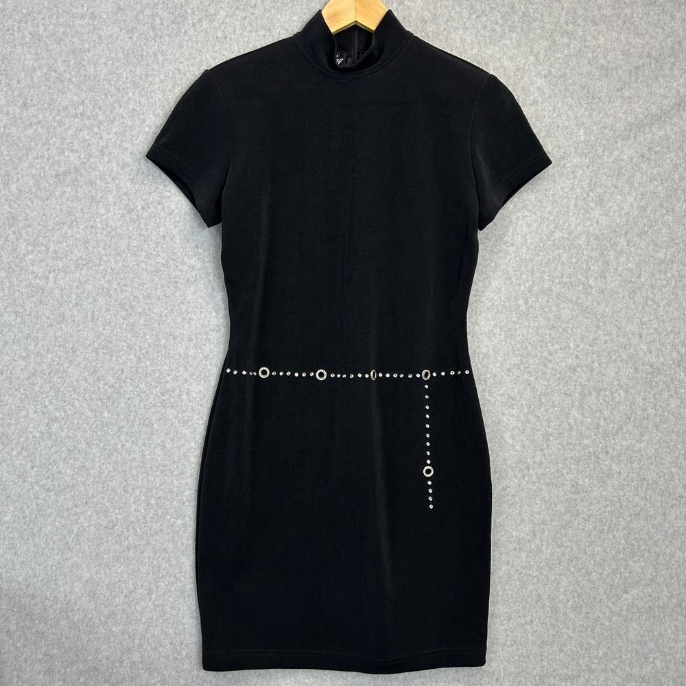 Bari Jay Mini Y2K Dress Black Rhinestone Belt Mock Neck Club Vintage Size 5-6